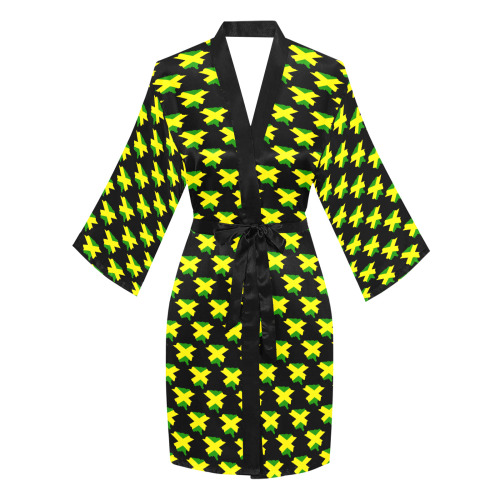 Jamaican Flag Maps Black Long Sleeve Kimono Robe