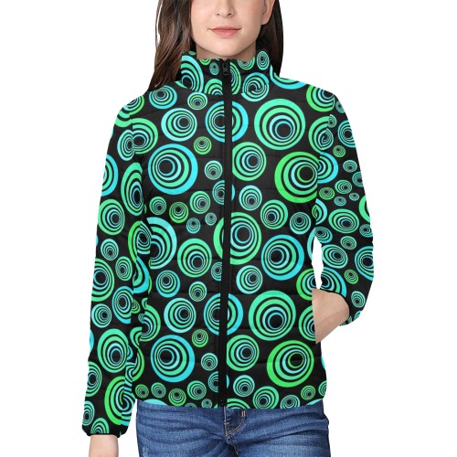 Retro Psychedelic Pretty Green Pattern Women's Stand Collar Padded Jacket (Model H41)