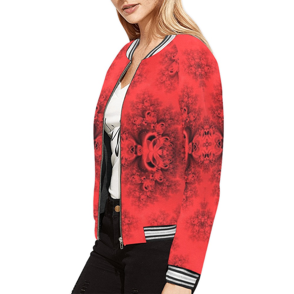 Autumn Reds in the Garden Frost Fractal All Over Print Bomber Jacket for Women (Model H21)