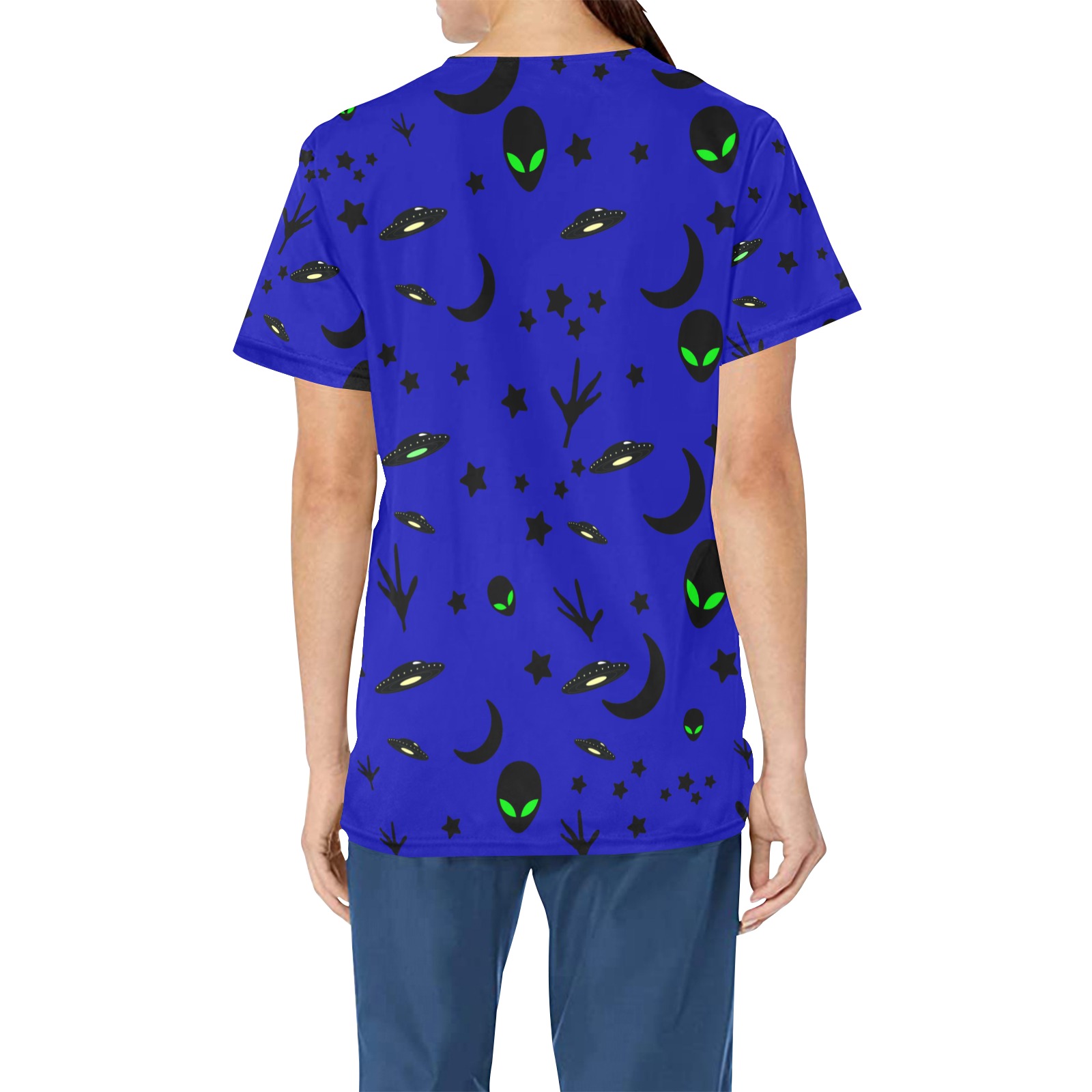 Aliens and Spaceships on Blue All Over Print Scrub Top