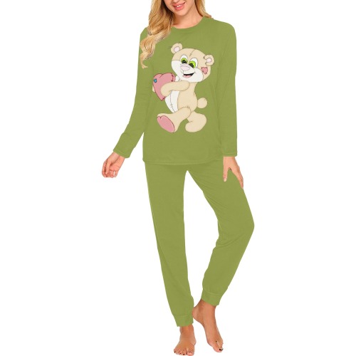 Patchwork Heart Teddy Olive Green Women's All Over Print Pajama Set