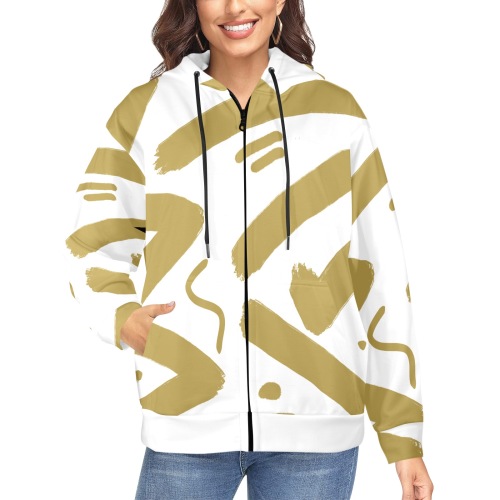 Tribal Gold and White Women's Fleece Full-Zip Hoodie (Model H60)