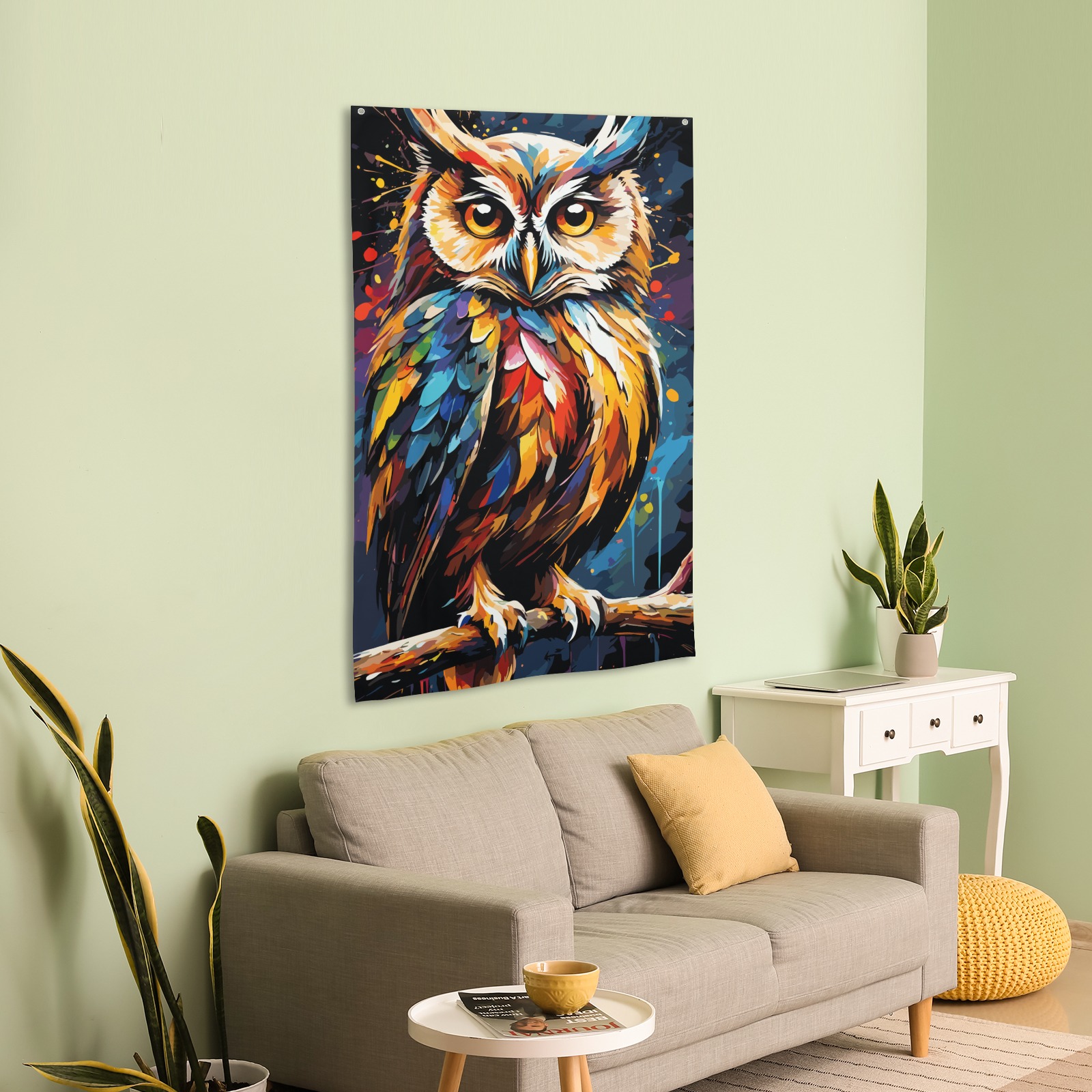 Cute owl bird. Cool, stylish colorful fantasy art House Flag 34.5"x56"