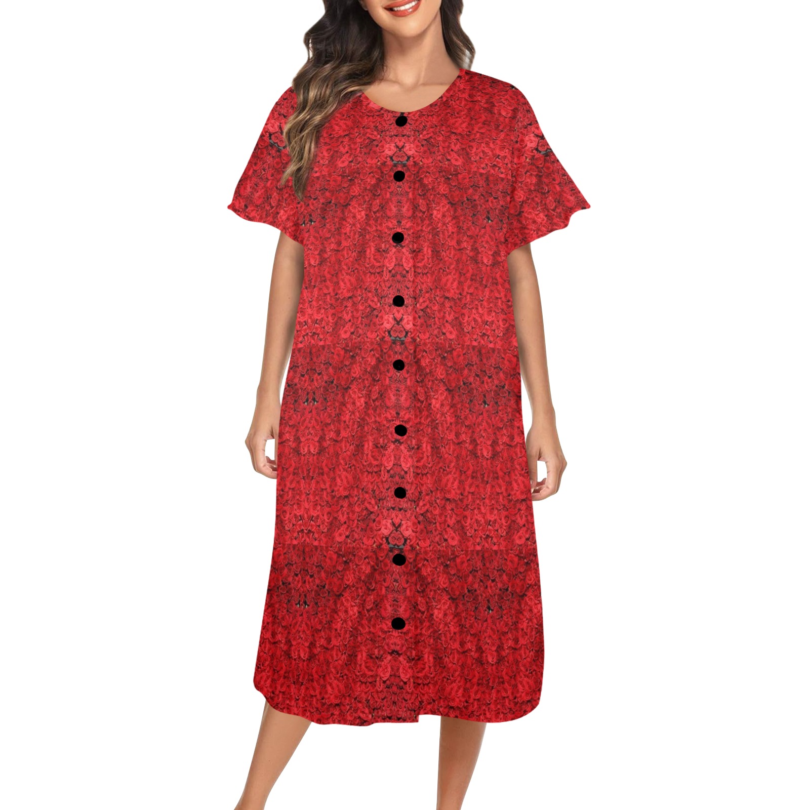 red roses Women's Button Front House Dress