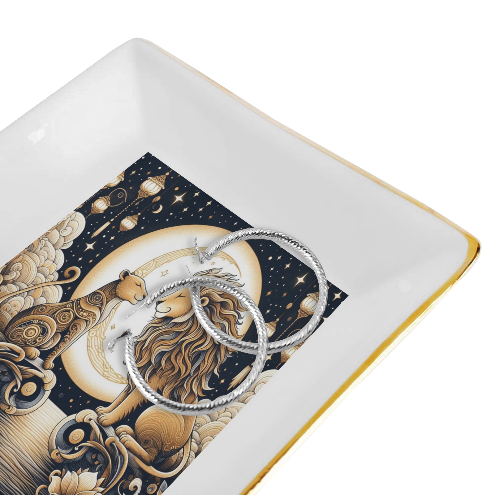 Moonlight Lions Love Square Jewelry Tray with Golden Edge