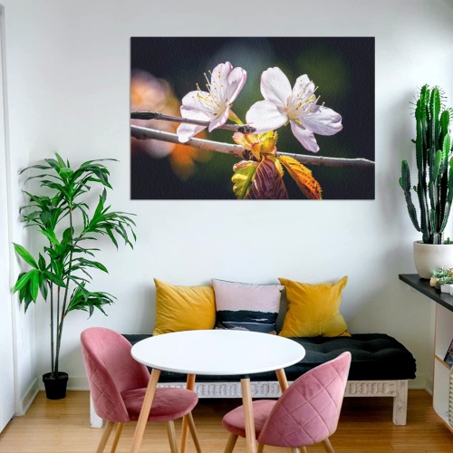 Slender sakura flowers. Sunlight and shadows. Frame Canvas Print 48"x32"