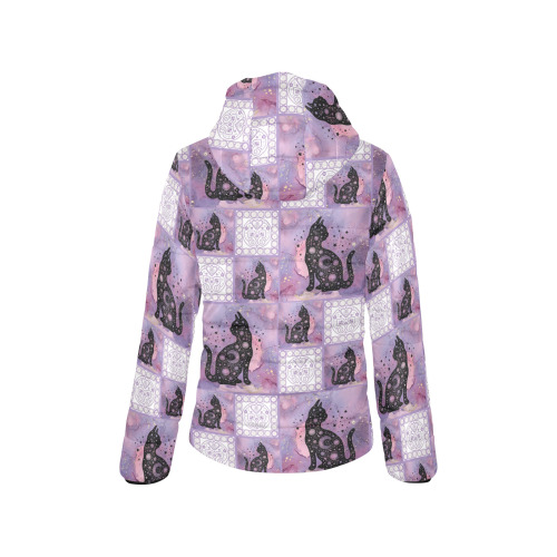Purple Cosmic Cats Patchwork Pattern Women's Padded Hooded Jacket (Model H46)