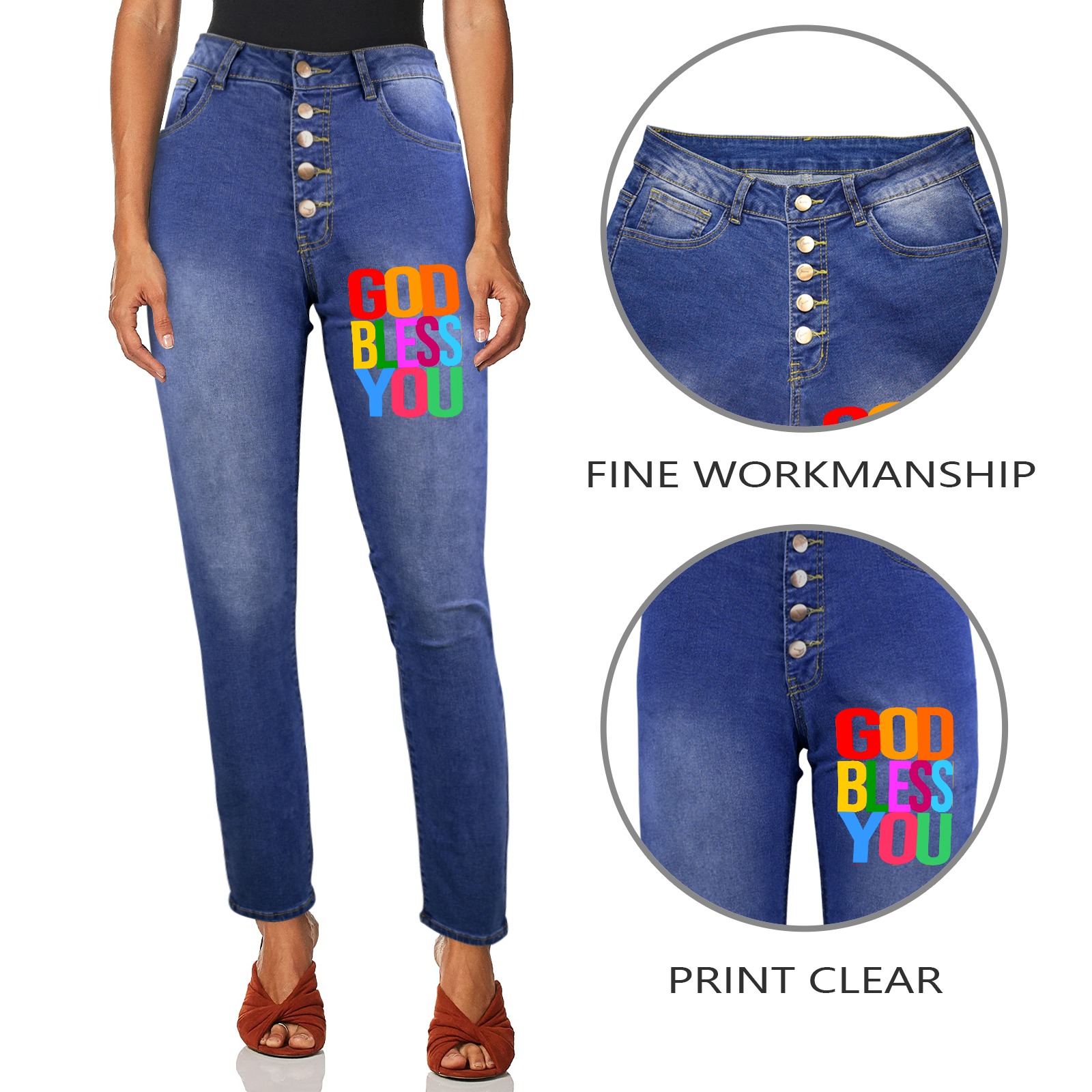God bless you colorful text typography art. Women's Jeans (Front Printing)