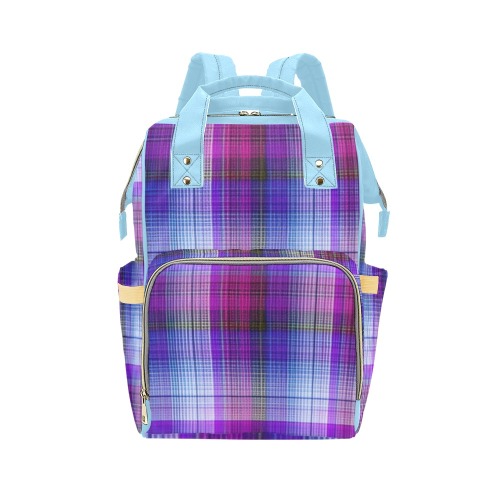 Purple Plaid w/Baby Blue Multi-Function Diaper Backpack/Diaper Bag (Model 1688)