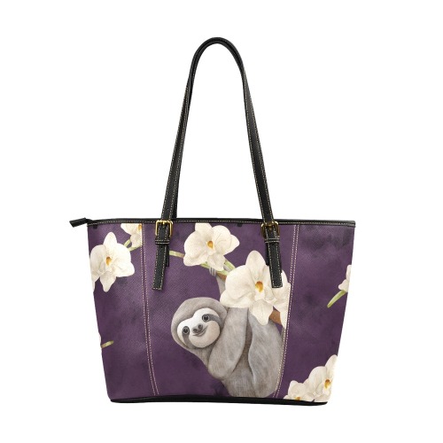 Dark Purple Sloth Tote Leather Tote Bag/Large (Model 1640)