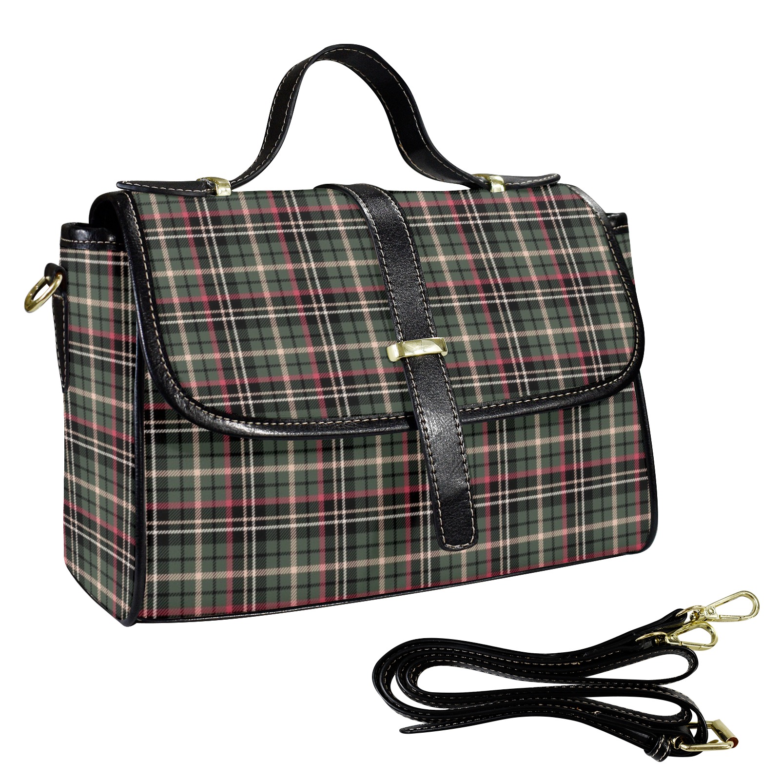 Classic Plaid Multi-Function Leather Satchel-Black (Model 1739)