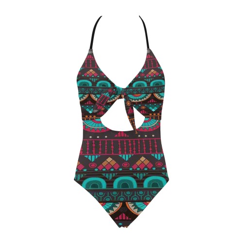 AKWETE GREEN  RAINBOW DESIGN-2660X1550 Backless Hollow Out Bow Tie Swimsuit (Model S17)