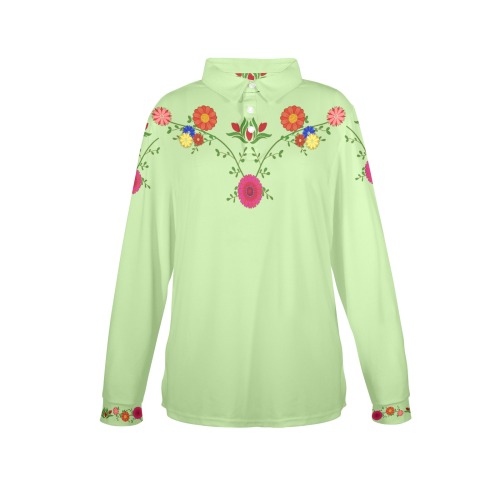 Flowers on the Vine Row / Green Women's Long Sleeve Polo Shirt (Model T73)