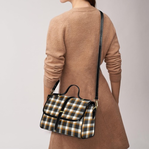 Classic Plaid (Tan) Multi-Function Leather Satchel-Black (Model 1739)