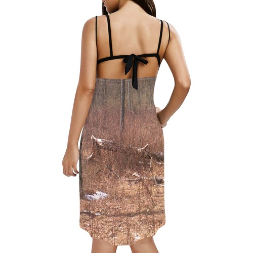 Falling tree in the woods Spaghetti Strap Backless Beach Cover Up Dress (Model D65)