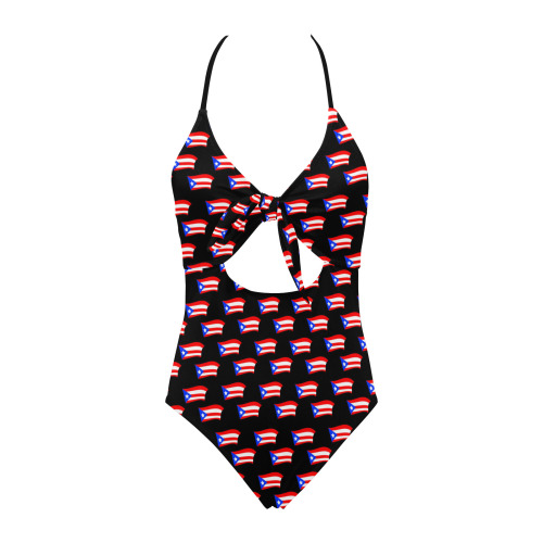 Puerto Rican Flags Black Backless Hollow Out Bow Tie Swimsuit (Model S17)