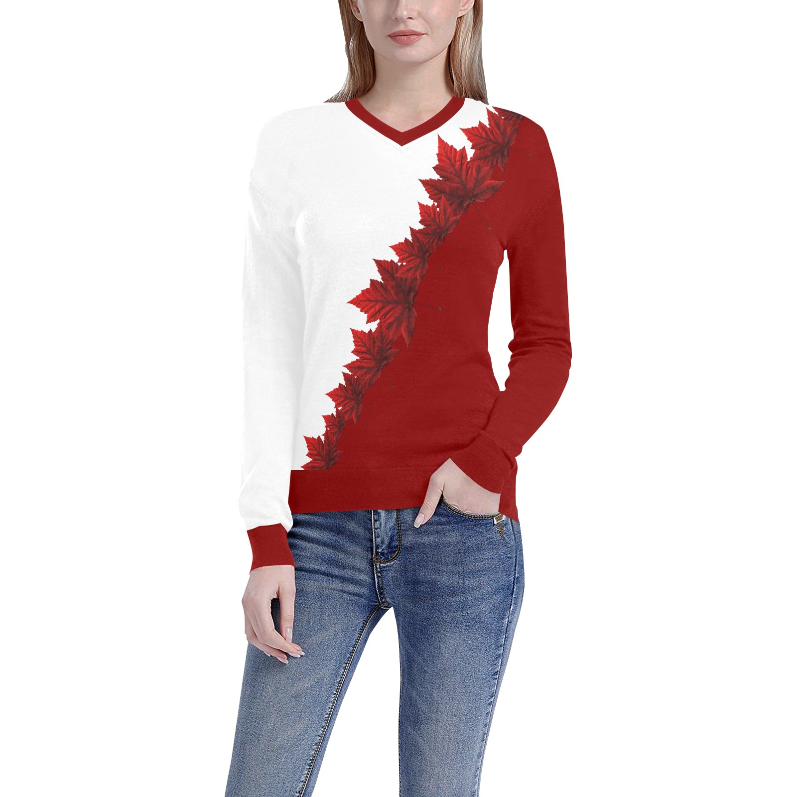 Canada Maple Leaf Shirt Women's All Over Print V-Neck Sweater (Model H48)