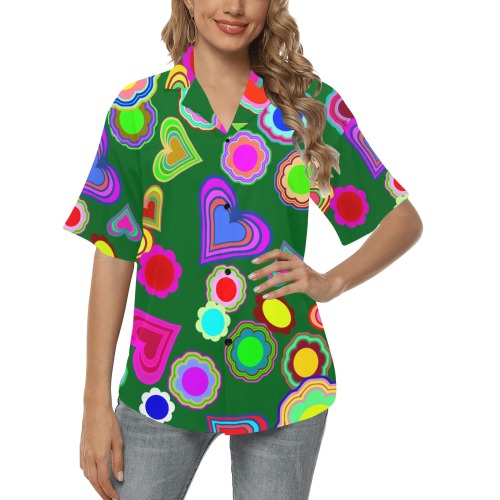 Groovy Hearts Flowers Pattern Green All Over Print Hawaiian Shirt for Women (Model T58)