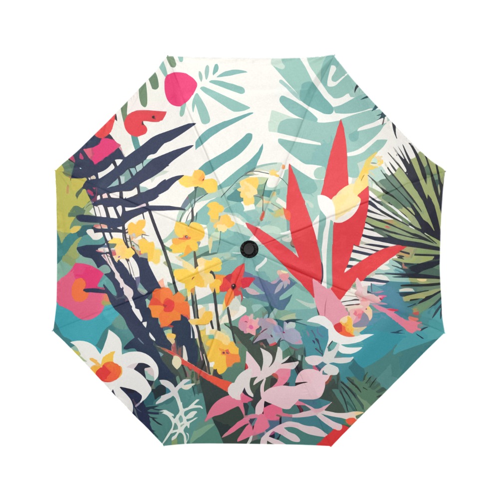 Tropical plants and flowers on beige abstract art. Auto-Foldable Umbrella (Model U04)