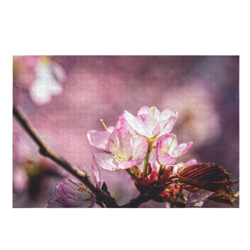 Charming pink sakura flowers. Light and shadows. 1000-Piece Wooden Jigsaw Puzzle (Horizontal)