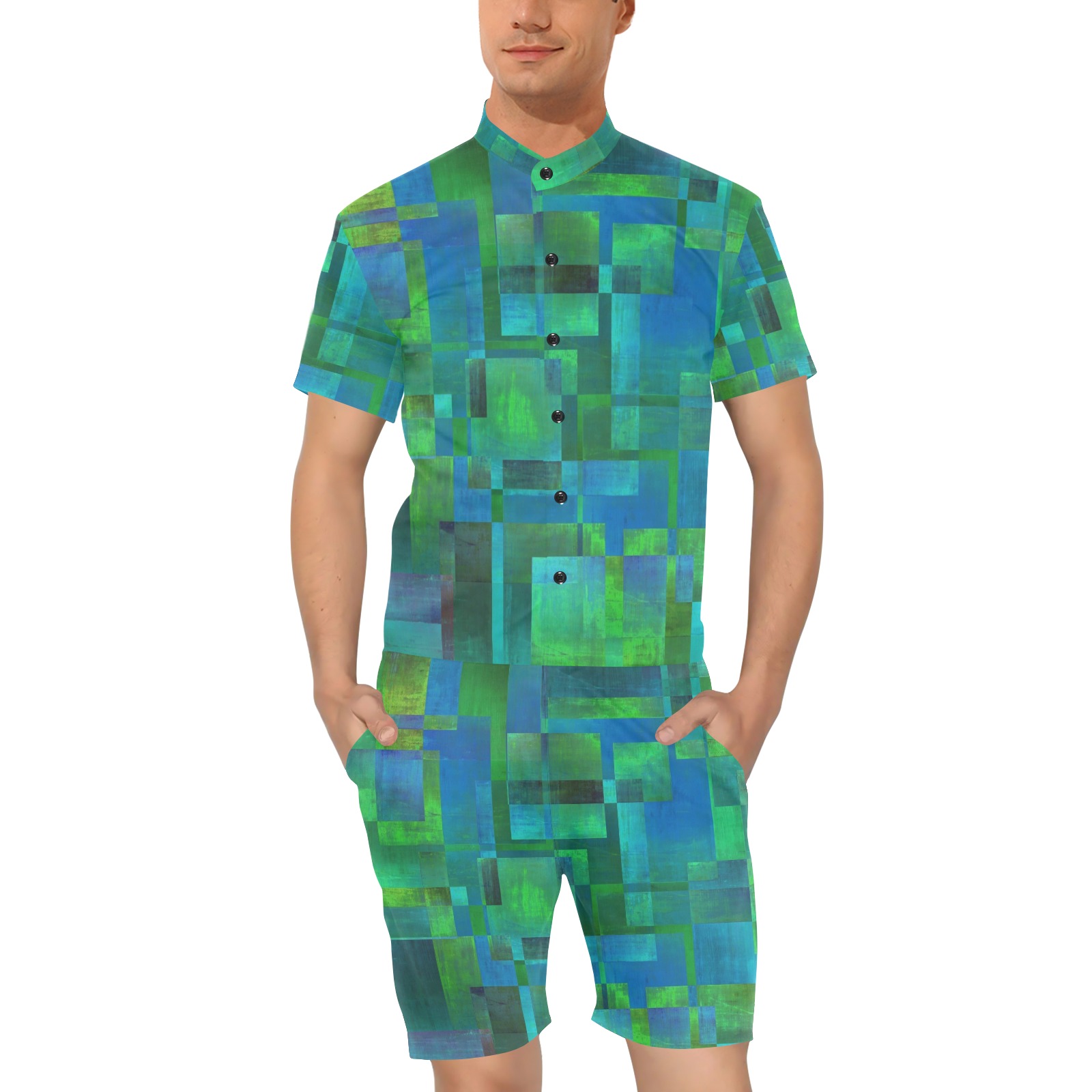 cubes dark green Men's Short Sleeve Jumpsuit