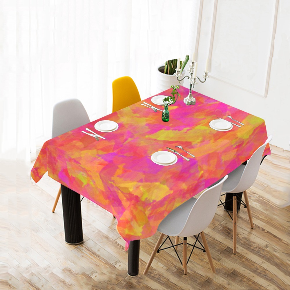 Yellow Red Damask Cotton Linen Tablecloth 52"x 70"