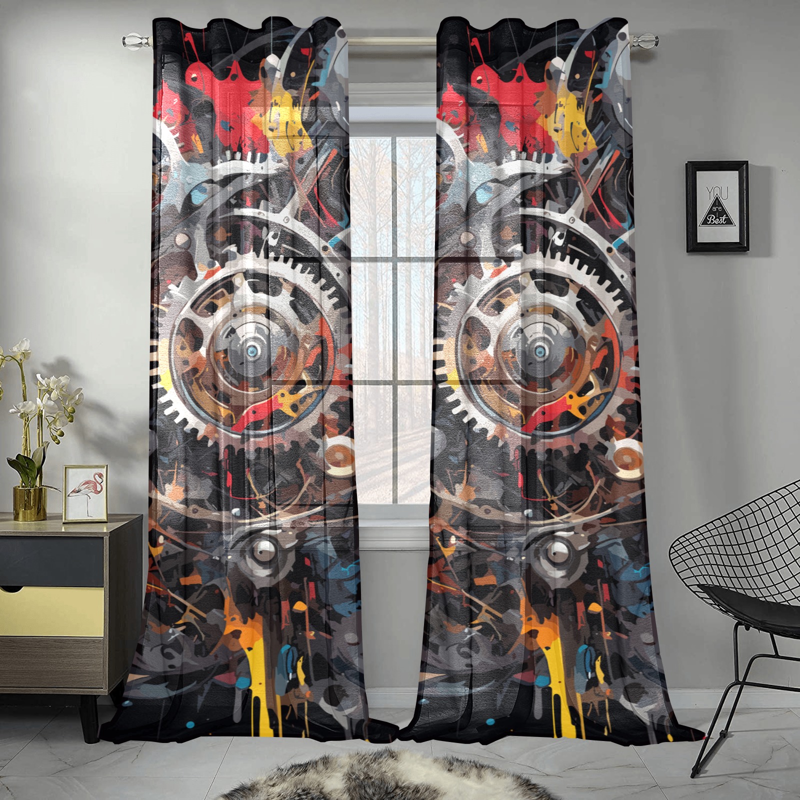Colorful abstract art of mechanical engine on dark Gauze Curtain 28"x95" (Two-Piece)