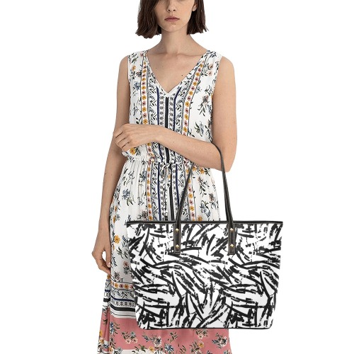 Brush Stroke Black and White Chic Leather Tote Bag (Model 1709)