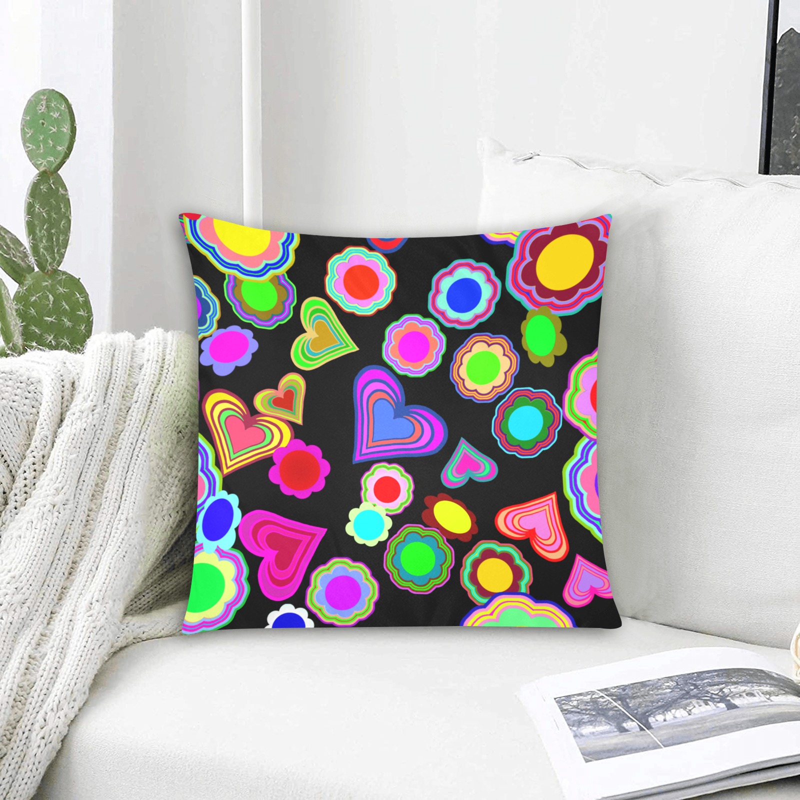 Groovy Hearts and Flowers Black Custom Zippered Pillow Cases 16"x16" (Two Sides)