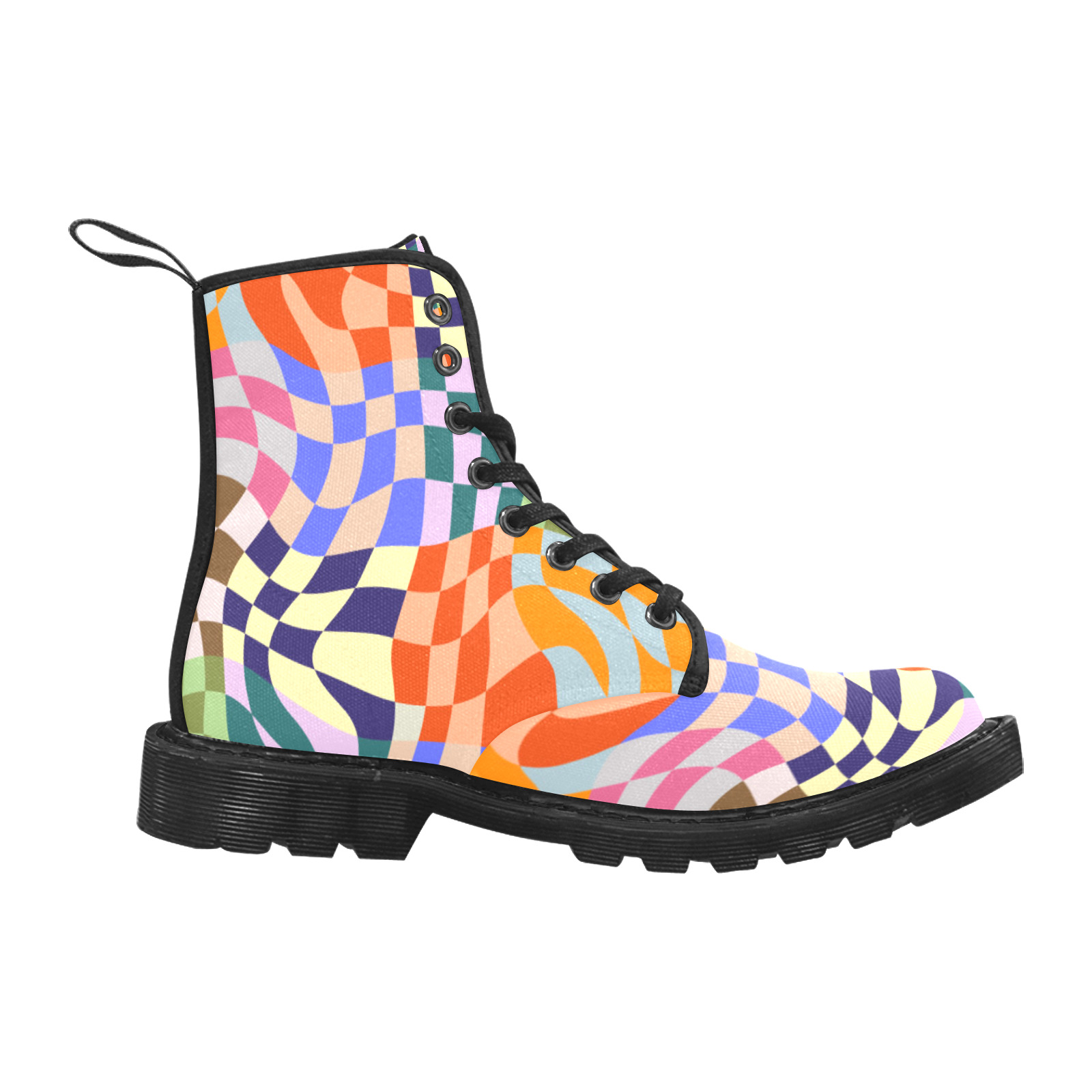 Wavy Groovy Geometric Checkered Retro Abstract Mosaic Pixels Martin Boots for Women (Black) (Model 1203H)