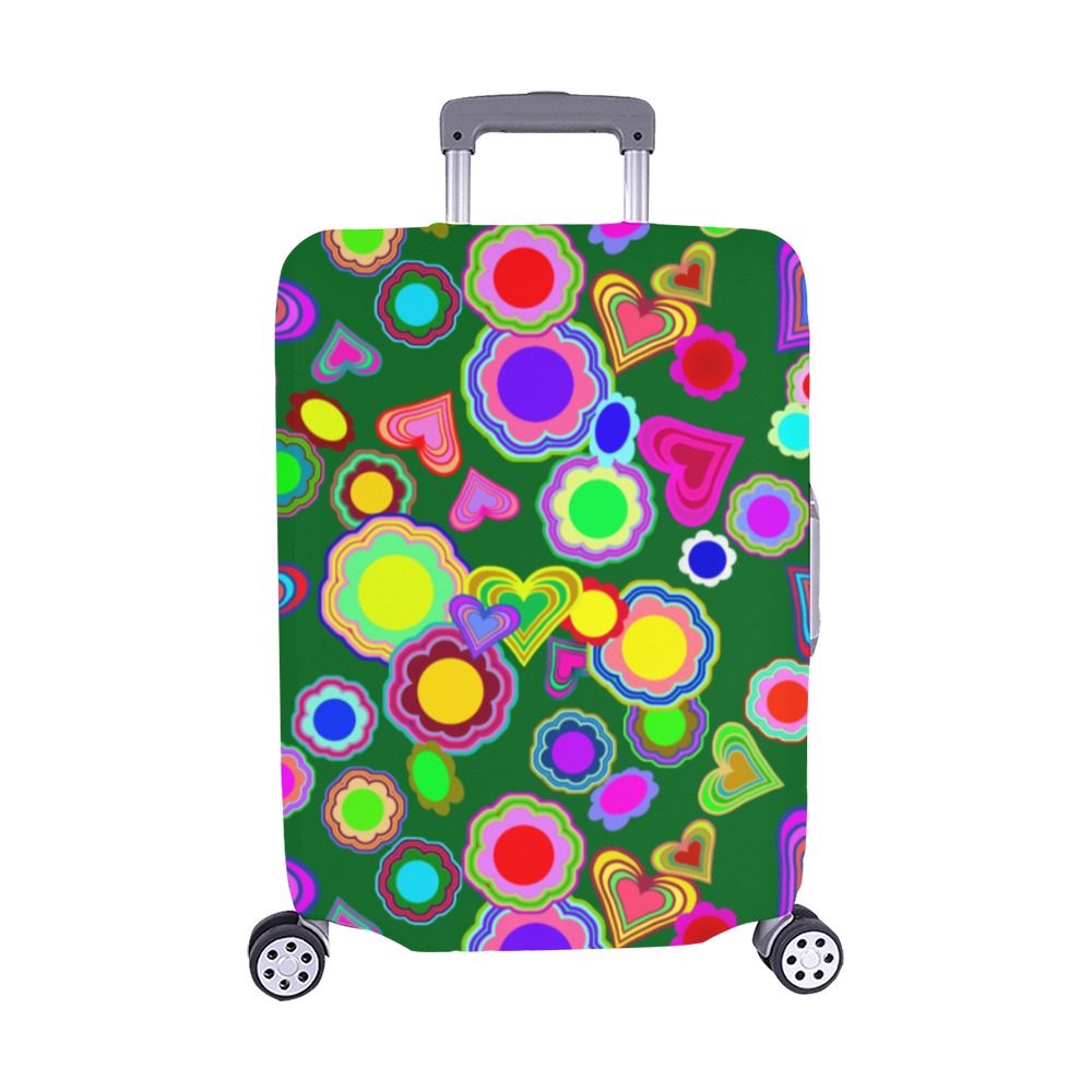 Groovy Hearts and Flowers Green Luggage Cover/Medium 22"-25"