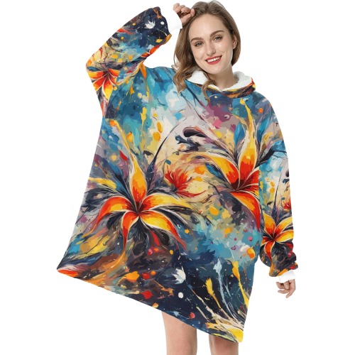 Fantastic orange and yellow flowers abstract art. Blanket Hoodie for Women