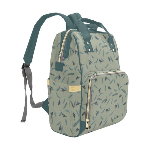 Primitive Birds Leaves Dusty Green Multi-Function Diaper Backpack/Diaper Bag (Model 1688)