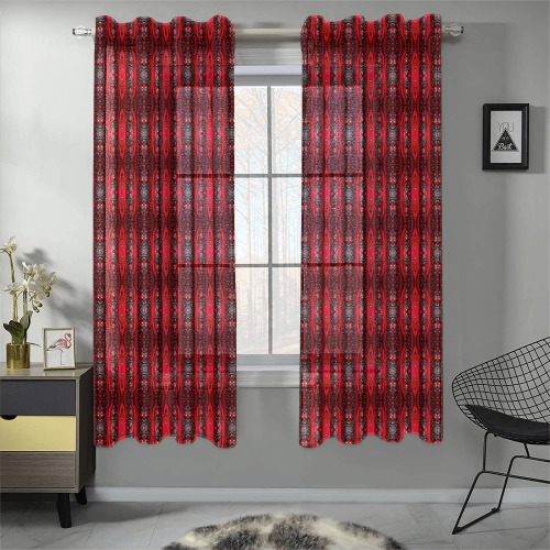 red and black intricate repeating Gauze Curtain 28"x63" (Two-Piece)