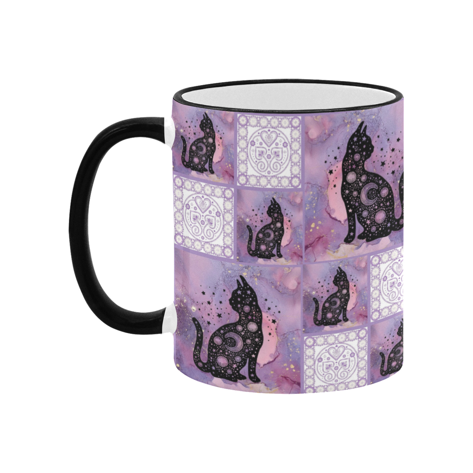 Purple Cosmic Cats Patchwork Pattern Custom Edge Color Mug (11oz)