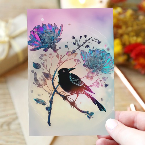 outline of flowers with a magpie on branch and outline of large clear crystal 1 Greeting Card 4"x6"