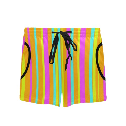 Neon Stripes Tangerine Turquoise Yellow Pink Women's Mid-Length Board Shorts (Model L55)