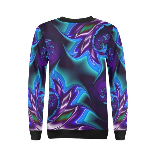 Aqua Blue and Purple Flowers Fractal Abstract All Over Print Crewneck Sweatshirt for Women (Model H18)