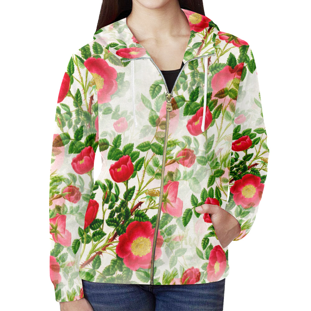 Vintage Red Floral Blossom All Over Print Full Zip Hoodie for Women (Model H14)