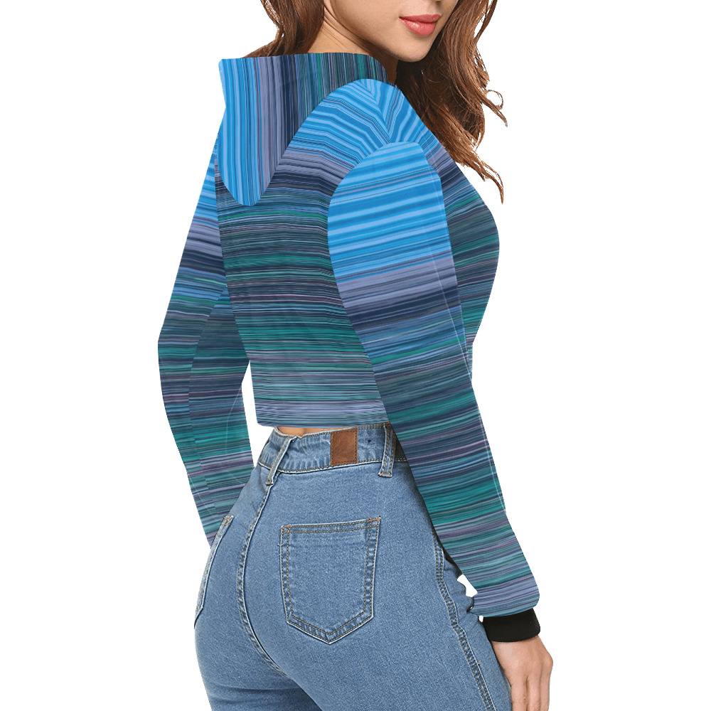 Abstract Blue Horizontal Stripes All Over Print Crop Hoodie for Women (Model H22)