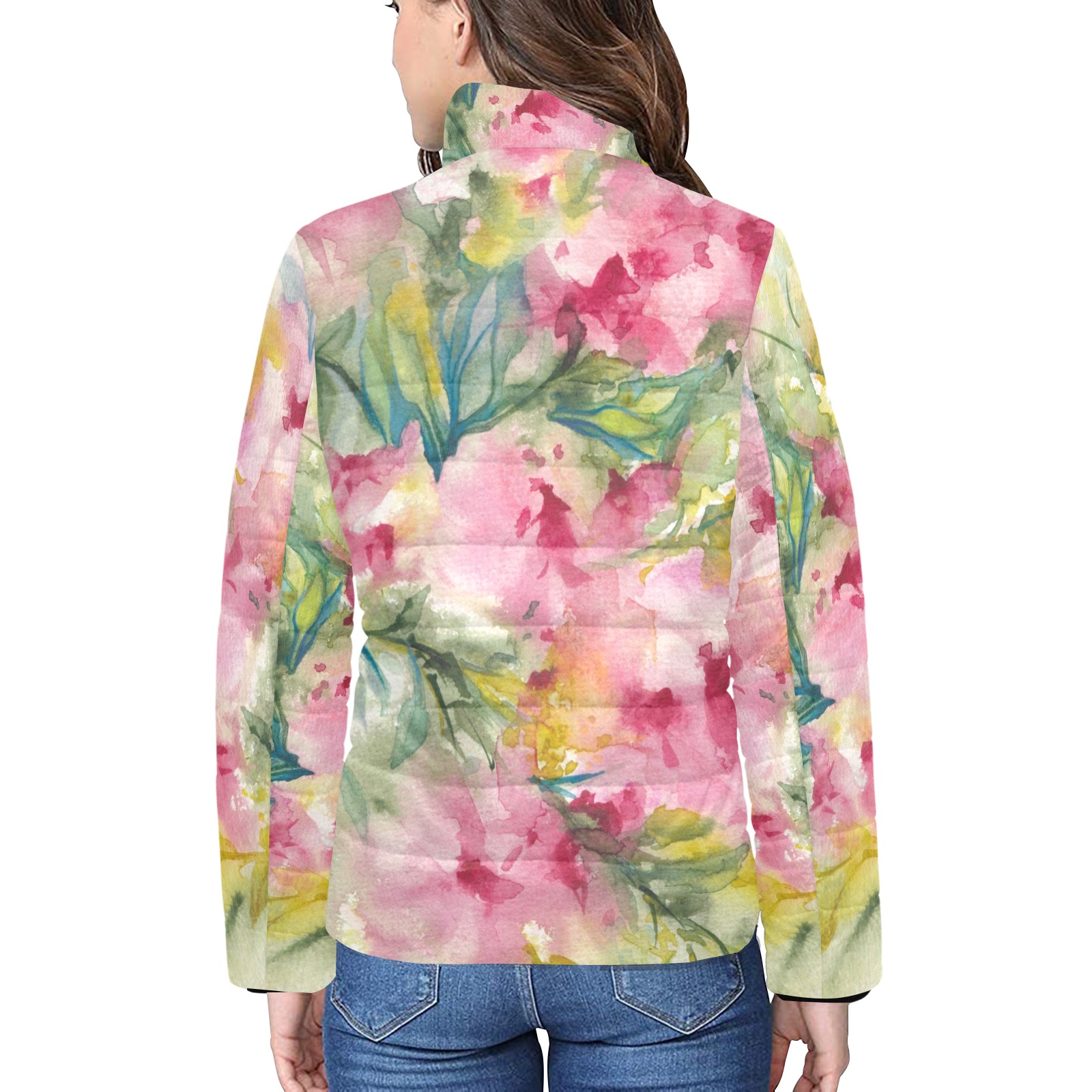 Pink Dreamy Floral Watercolor Women's Stand Collar Padded Jacket (Model H41)