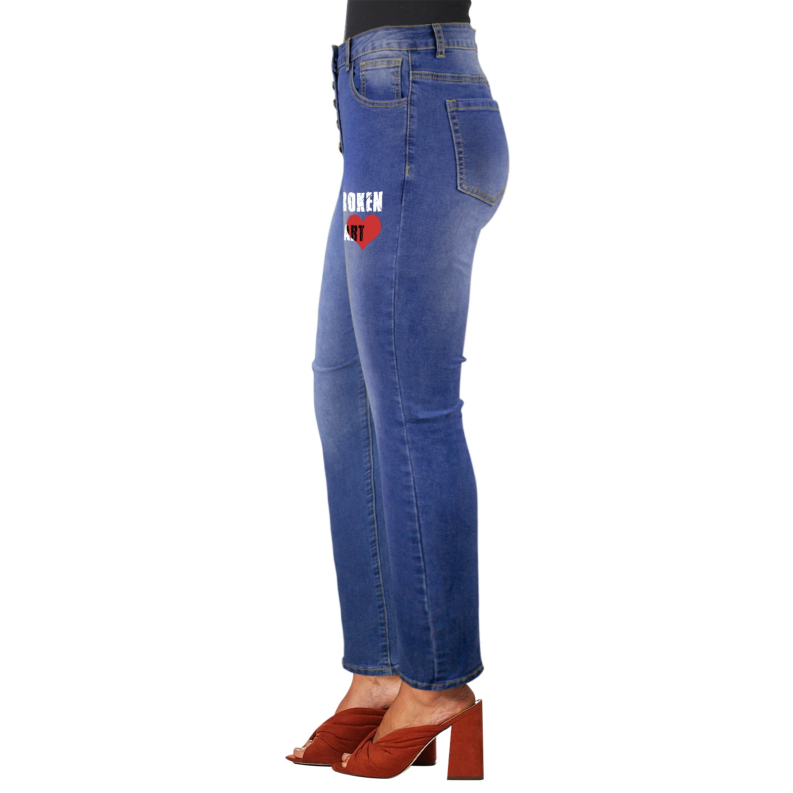 Broken heart decorative text and red heart image. Women's Jeans (Front Printing)