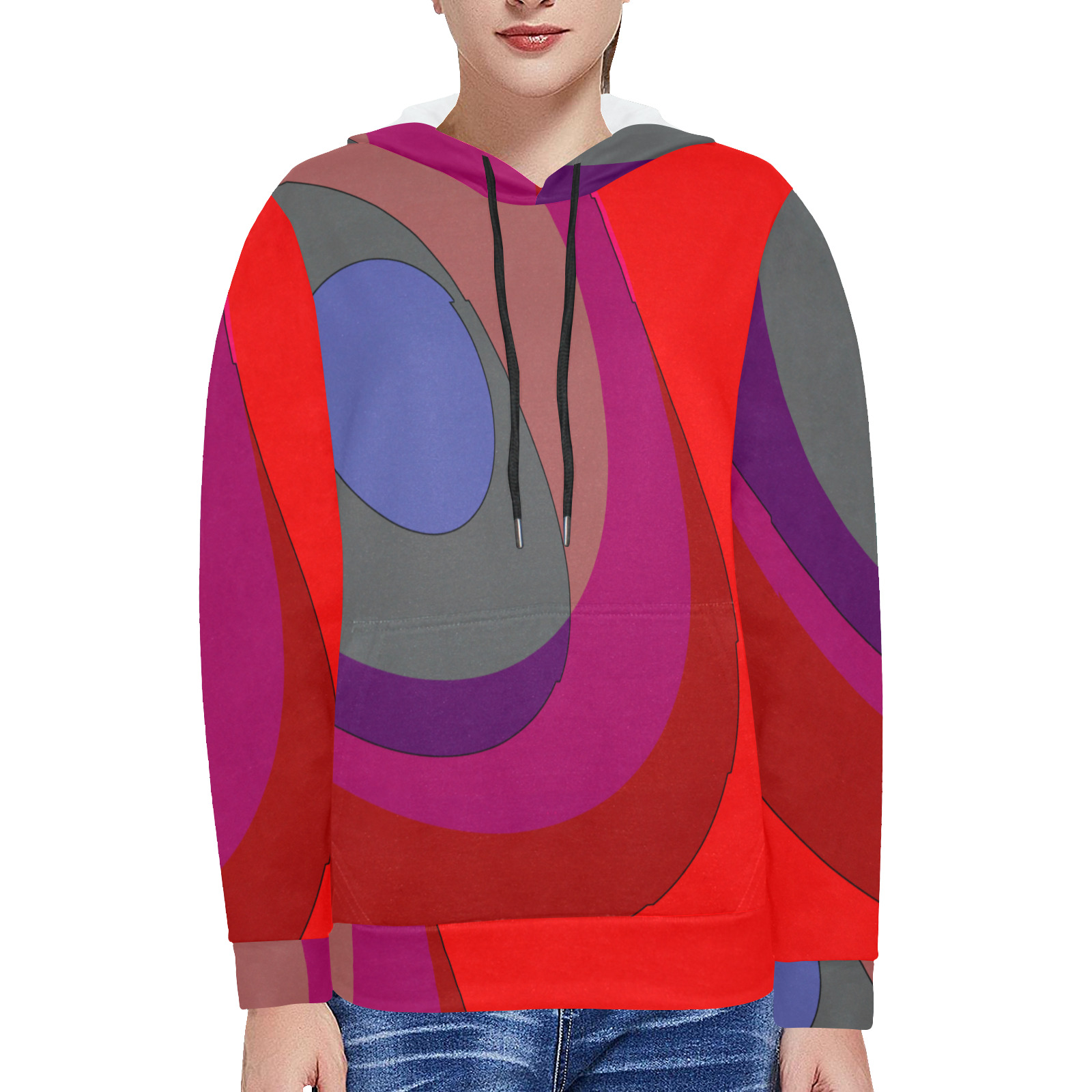 Red Abstract 714 Women's Fleece Hoodie w/ White Lining Hood (Model H55)