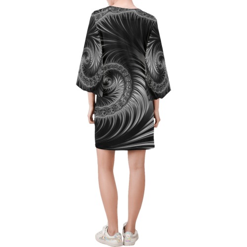 Black and Silver Spiral Fractal Abstract Bell Sleeve Dress (Model D52)