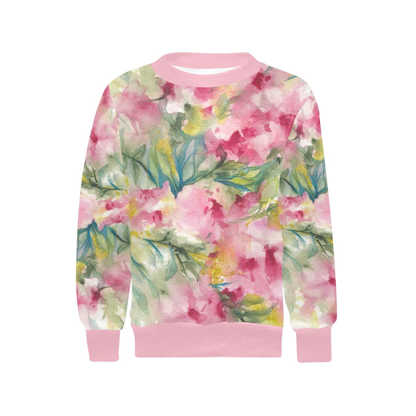 Pink Dreamy Floral Watercolor  Iva West Girls' All Over Print Crew Neck Sweater (Model H49)