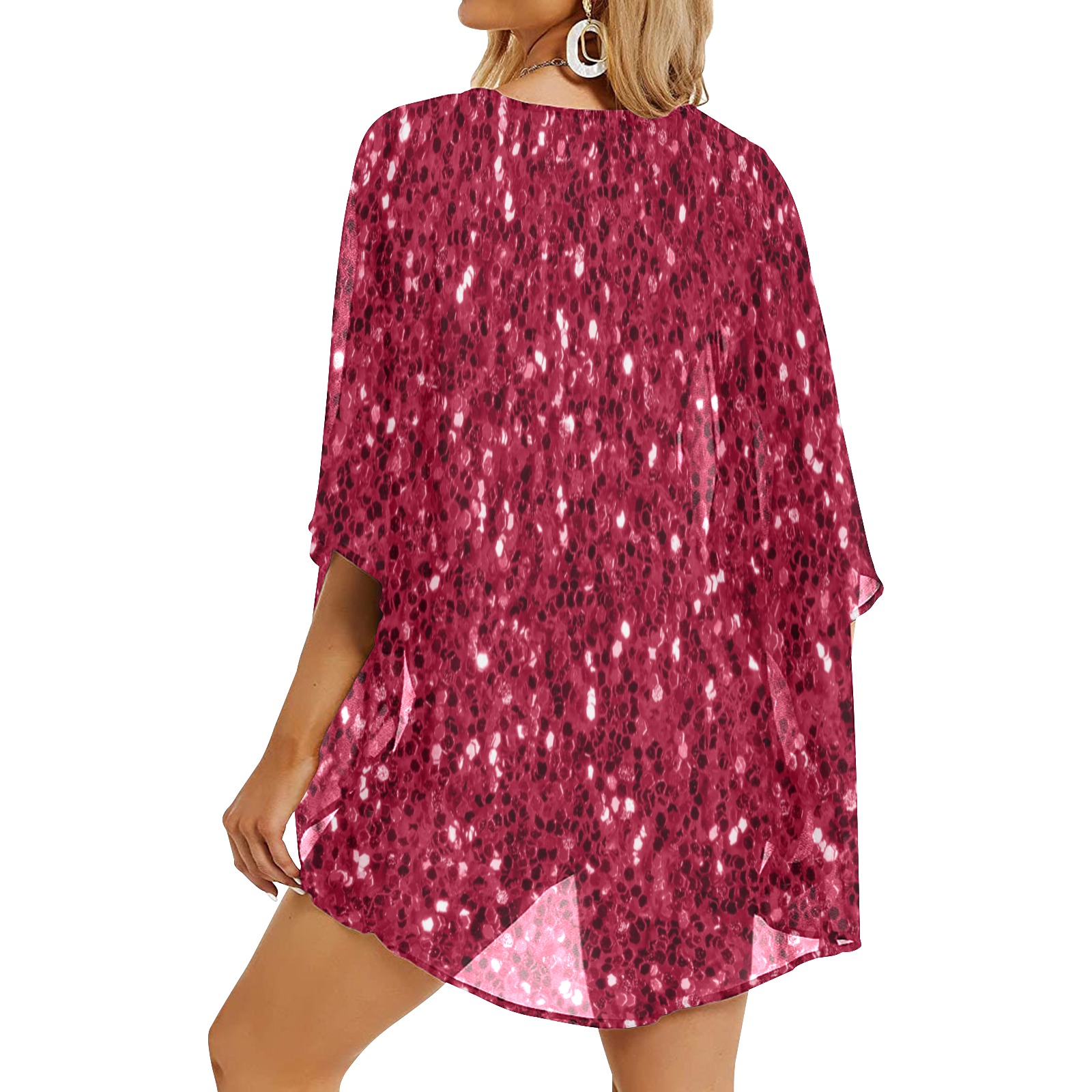 Magenta dark pink red faux sparkles glitter Women's Kimono Chiffon Cover Ups (Model H51)