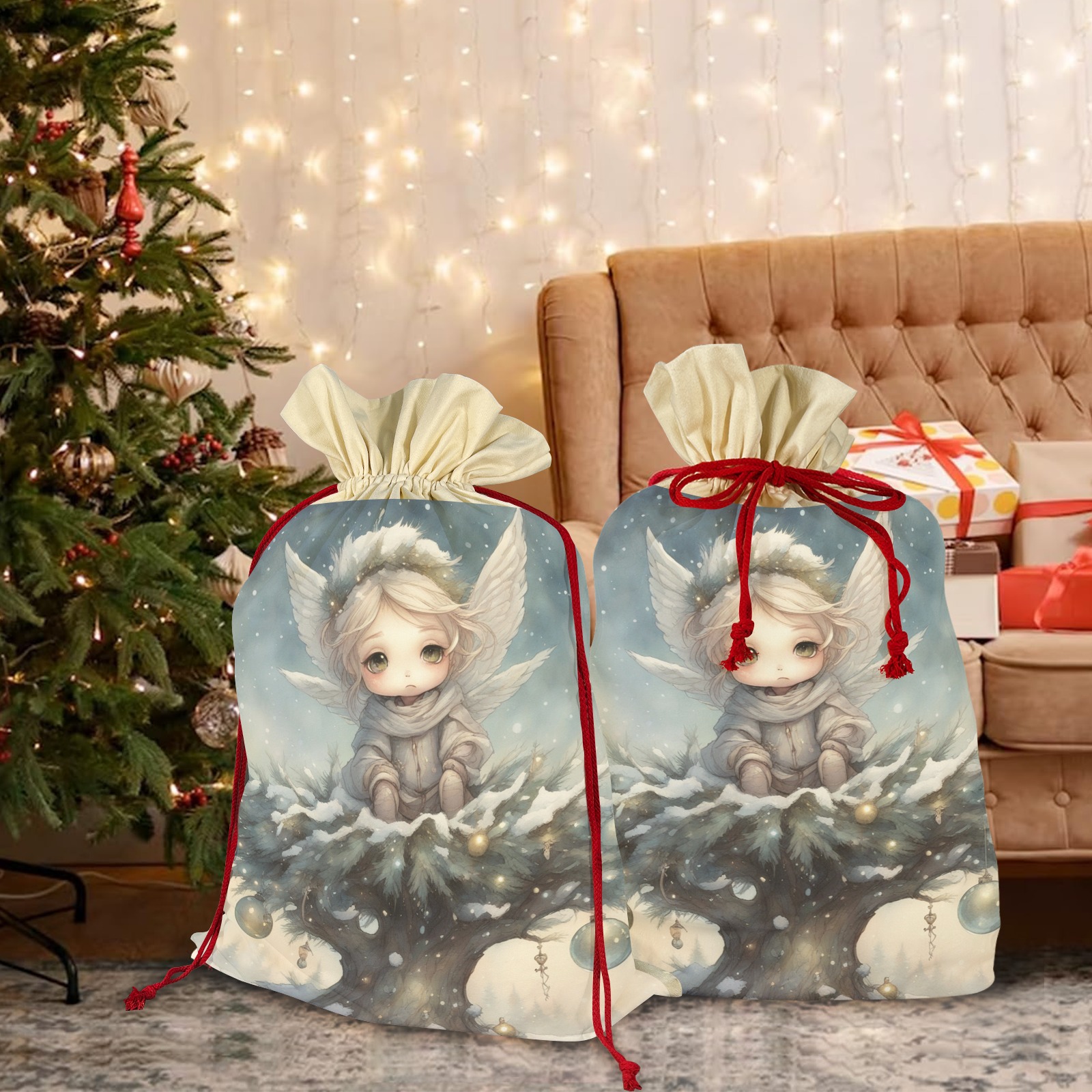 Little Christmas Angel Santa Claus Drawstring Bag 21"x32" (Two Sides Printing)