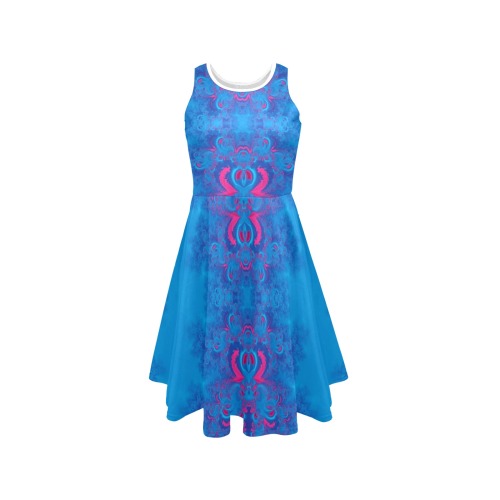 Blue Flowers on the Ocean Frost Fractal Sleeveless Expansion Dress (Model D60)