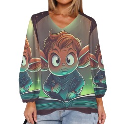 Goblin Reader Women's Loose V-Neck Long Puff Sleeve Top (Model H70)