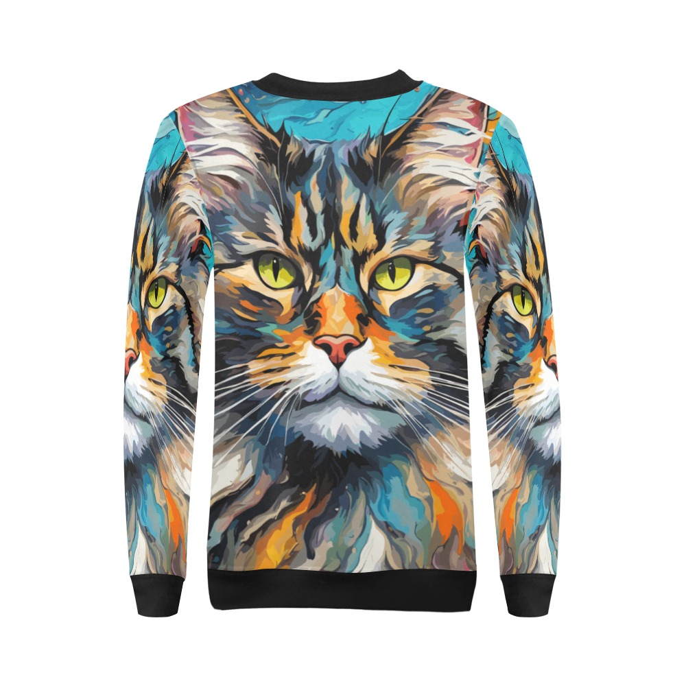 Cute maine coon cat face art, bluish background. All Over Print Crewneck Sweatshirt for Women (Model H18)